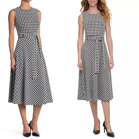 Sold - Calvin Klein Houndstooth Belted Sleeveless Midi Dress Size 12 - Picture 1 of 9